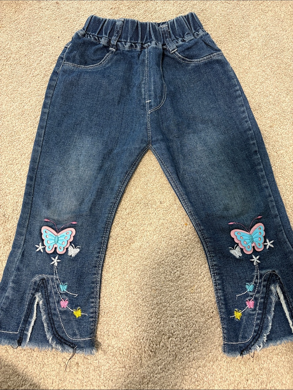 Girls Dark Blue Denim Butterfly Embroidered Jeans